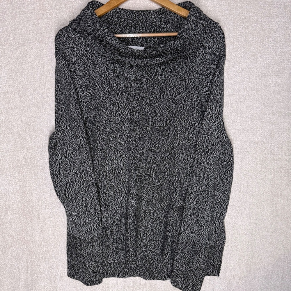 Calvin Klein Womens XL Marled Cowl Neck Tunic Sweater Black White Knit